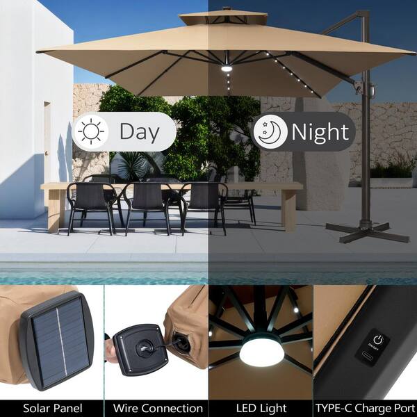 2-Tier Top 13.5 ft. x 10 ft. Solar LED Rectangular 360° Rotation Cantilever Patio Umbrella in Tan with 300 lbs. Base