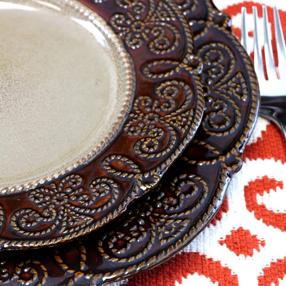 Salia Brown Embossed Ceramic 16-Piece Dinnerware Set