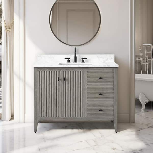 42 in. W x 22 in D x 38 in. H Single Sink Bath Vanity Cabinet in Linear Driftwood Gray with White Engineered Marble Top
