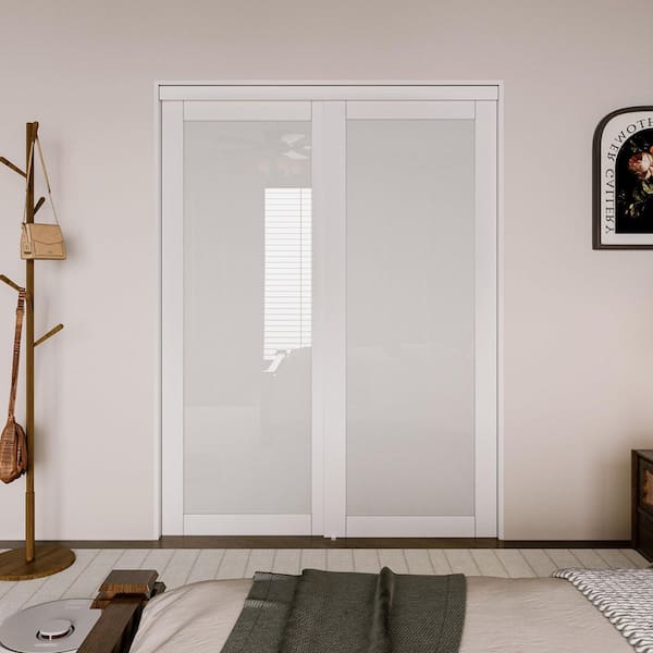 60 in. x 80 in. 1-Lite White Tempered Frosted Glass Finished Interior Closet Sliding Door with Hardware