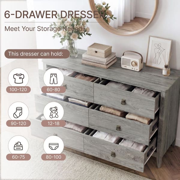 grey dresser under 100 Myra 47.2 in. Grey 6 Drawer Wide Dresser with Anti-Tip, Wood Rustic Chest of Drawers for Bedroom Living Room Hallway
