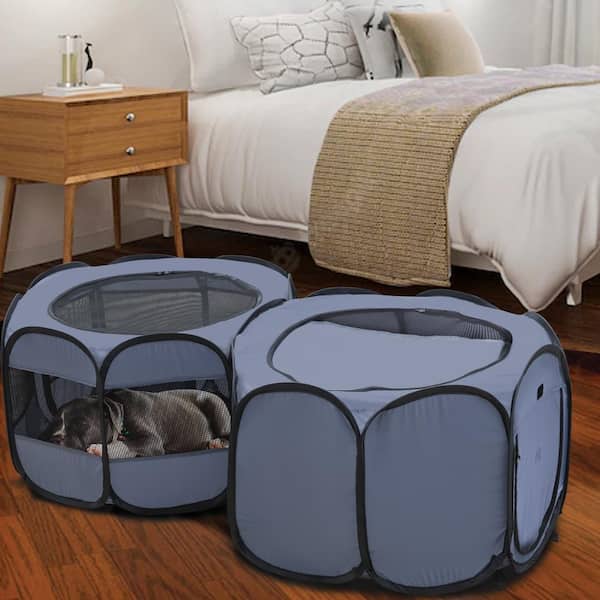 58 in. x 29 in. x 17 in. Gray 2 Rooms Pop Up Portable Foldable Pet Play Tent, Dog Playpen, light-weight, Carry Bag