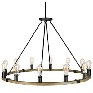 Jericho 60-Watt 12-Light Smoked Birch Wood Style Farmhouse Chandelier, No Bulb Included