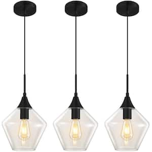 3-Light Dimmable Black Chandelier with Glass Shade and Height Adjustable, Pendant Lighting for Kitchen Island