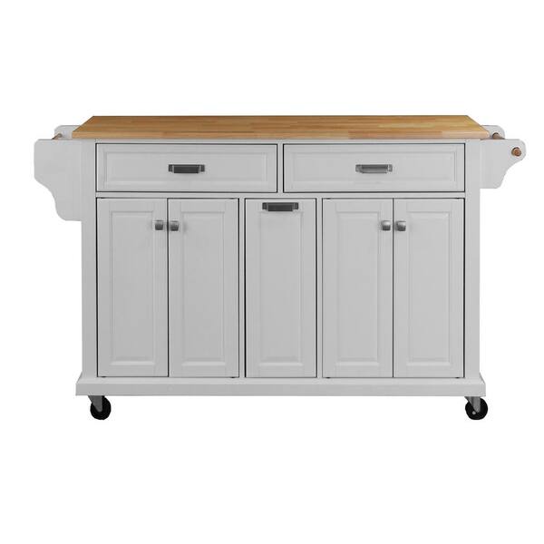 ANGELES HOME White Solid Wood Countertop 60 1/2 in. W Rolling Kitchen Island Cart on Wheels, Towel and Spice Rack
