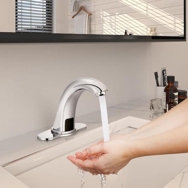 Hands-Free SensorTouchless Single Hole Bathroom Faucet in Chrome with Deck Plate and Valve