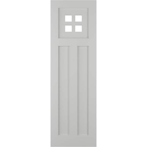 Ekena Millwork 18 in. x 26 in. PVC True Fit San Antonio Mission Style Fixed Mount Flat Panel Shutters Pair in Hailstorm Gray