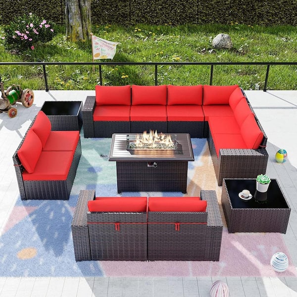 Halmuz 13-Piece Wicker Patio Conversation Set with 55000 BTU Gas Fire Pit Table and Glass Coffee Table and Red Cushions