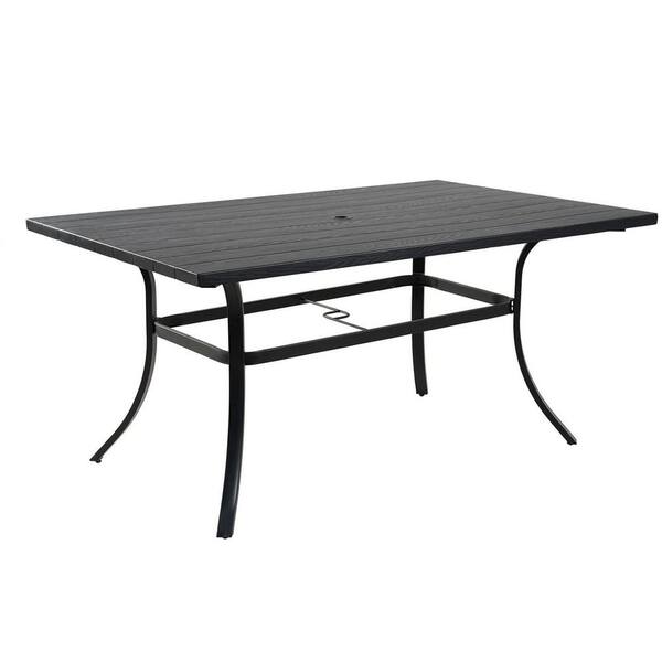 MEOOEM Rectangle Metal Outdor Dining Table with Embossed Woodgrain Tabletop and Umbrella Hole