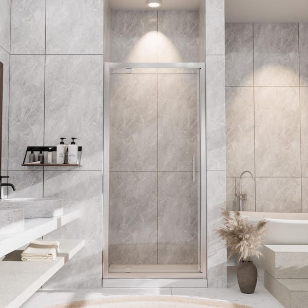 28 to 29.5 in. W x 72 in. H Framed Pivot Shower Door in Brushed Nickel with Nano-Coated Tempered Glass