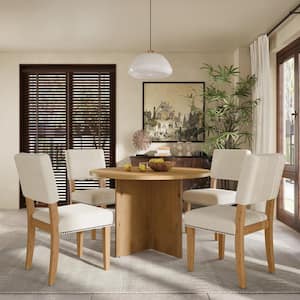 5-Piece Round Natural Wood Top Dining Set with 4 Upholstered Chairs, Nail Head Trim