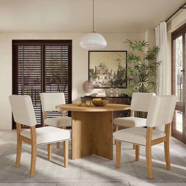 Harper & Bright Designs 5-Piece Round Natural Wood Top Dining Set with 4 Upholstered Chairs, Nail Head Trim