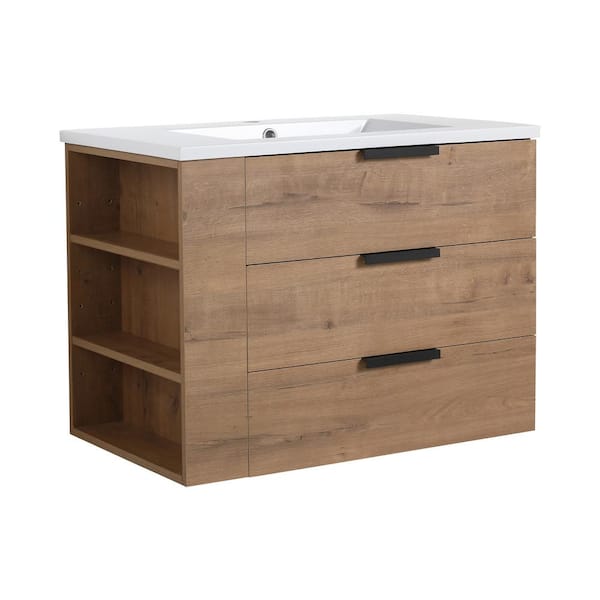 Boosicavelly 30.00 in. W x 18.30 in. D x 22.40 in. H Single Sink Wall-Mounted Bath Vanity in Imitative Oak with White Resin Top