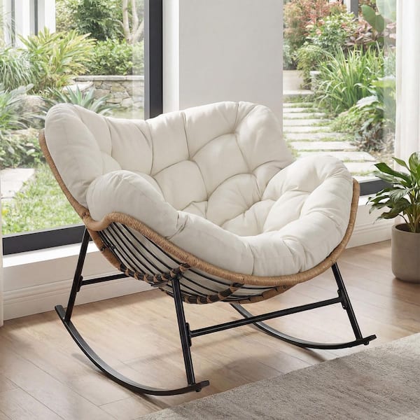Oversized PE Wicker Outdoor Rocking Chair Papasan Lounge Chair with Beige 5.1 in. Thick Cushion
