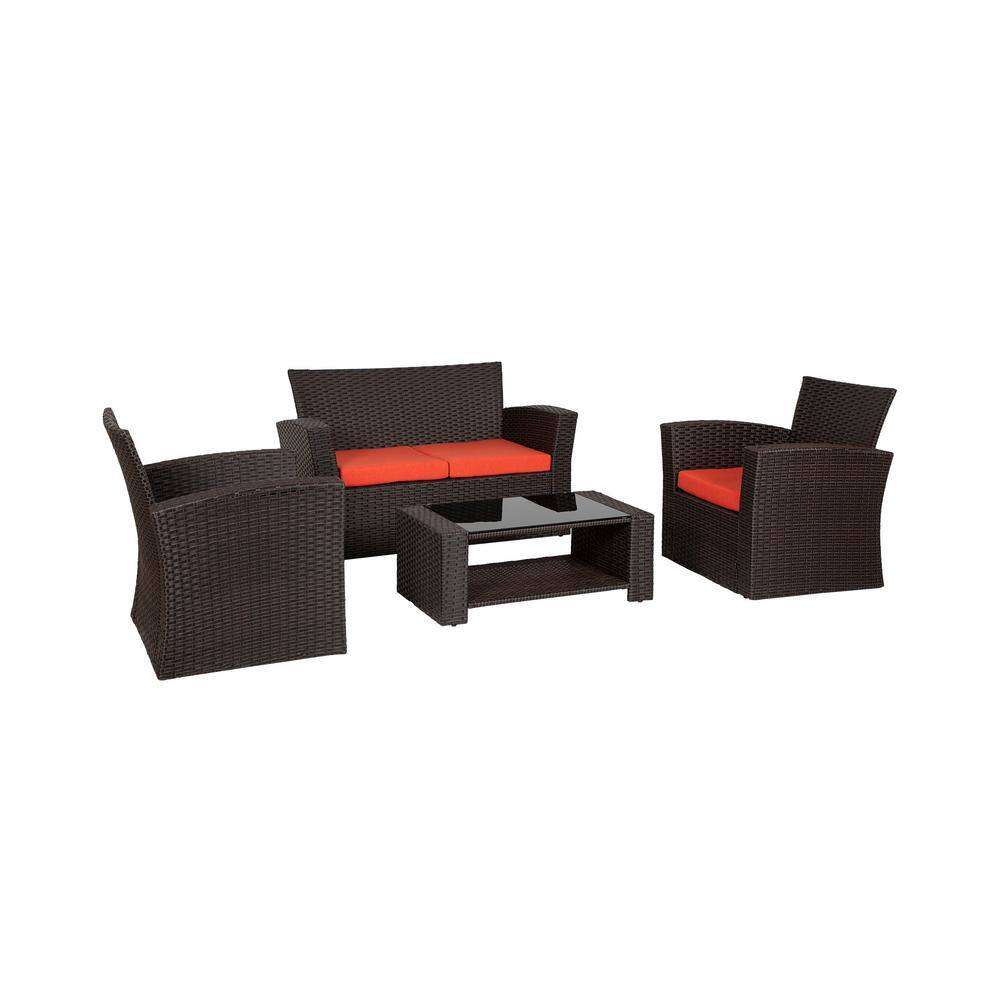 Grandview Outdoor Chocolate Wicker 4-Piece Patio Set with Orange Cushions