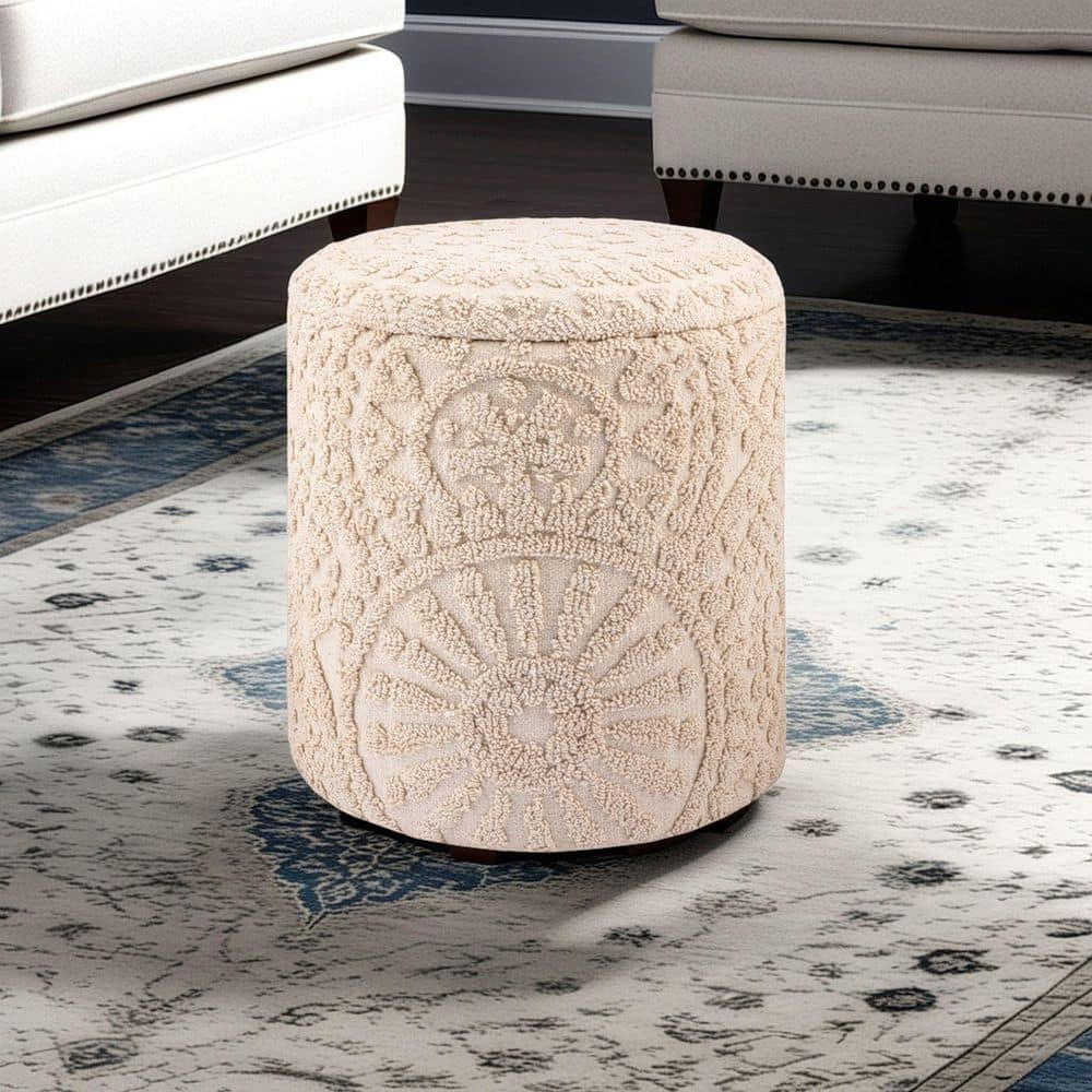 Handwoven Helios Cream Sunburst 16 in. Round Fabric Storage Ottoman
