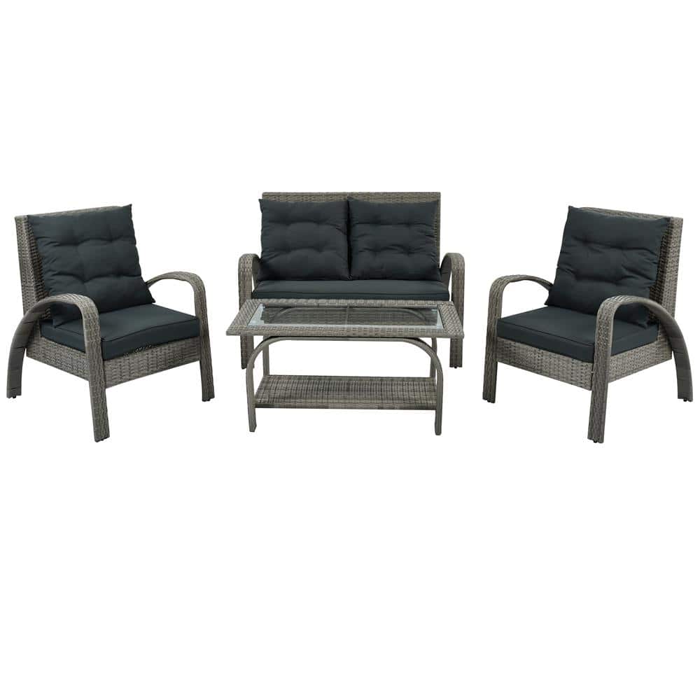 Gray 4-Piece Wicker Patio Conversation Set with Gray Cushions Tempered Glas