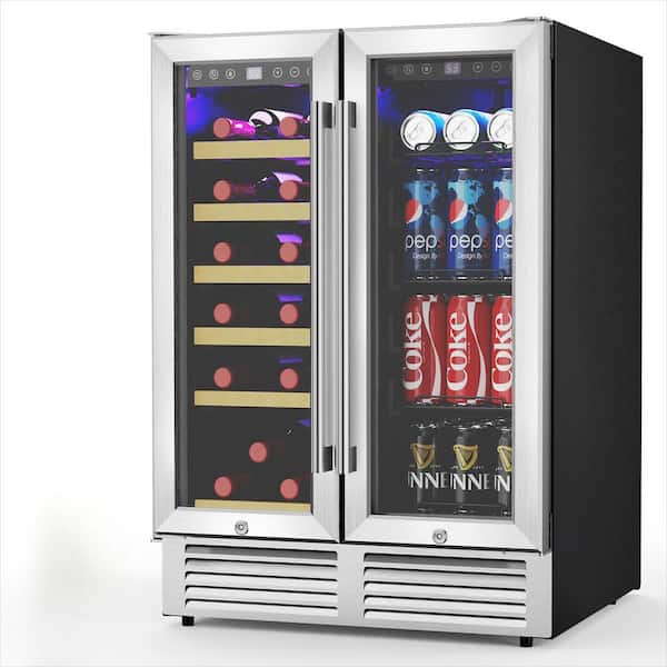 COWSAR 24 in. Dual Zone 18-Wine Bottles and 56-Cans Beverage and Wine Cooler in Silver