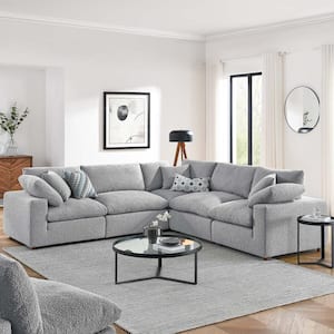 Commix 120 in. W Square Arm Down Filled Overstuffed Boucle 5-pieces Fabric L-Shaped Sectional Sofa in Light Gray