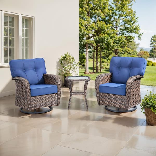 TWrap Brown 3-Piece Wicker Swivel Rocker Patio Conversation Set with 5 in. Thick Navy Blue Cushions and Side Table