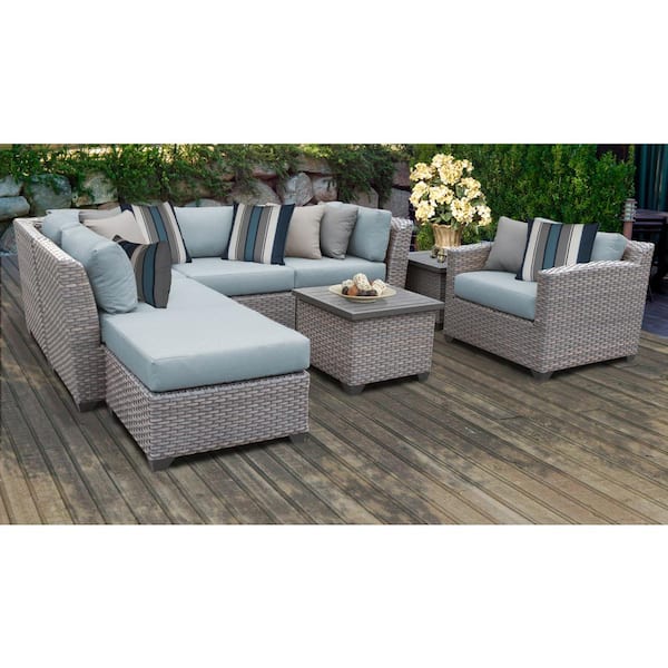 TK CLASSICS Florence 8-Piece Wicker Outdoor Patio Conversation Set with Spa Blue Cushions