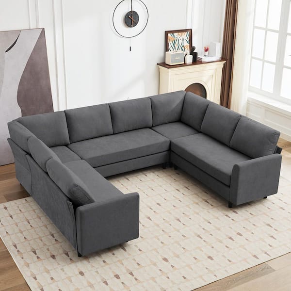 Jearey 107.3 in. Oversized U Shaped Dark Gray Arm Linen Sectional Sofa Couch, Large 8-Seater sofa, Breathable Soft Fabric
