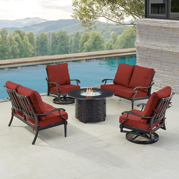Oakland Living Black 5-Piece Aluminum Patio Fire Table Set with Red Cushions