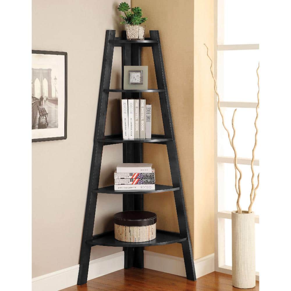 Venetian Worldwide 64 In Black Wood 5 Shelf Corner Ladder Bookcase With Open Storage V Cm Ac6214bk The Home Depot