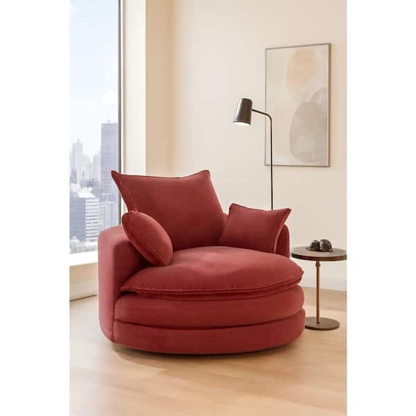 WWBQBR 57.5 in. Oversized Round Swivel Corduroy Lounge Sofa with Pillows in Clay Red