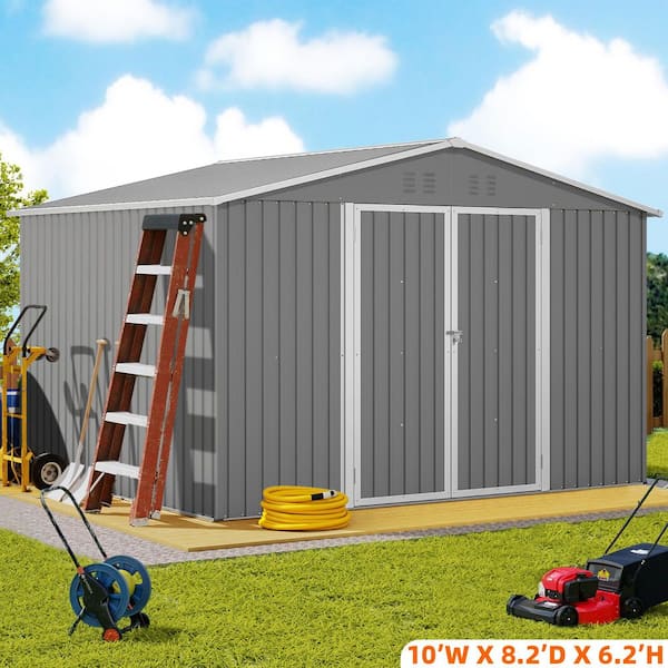 10 ft. W x 8 ft. D Outdoor Metal Storage Shed with Lockable Doors for Garden, Patio, Backyard, Lawn, Grey (73 sq. ft.)
