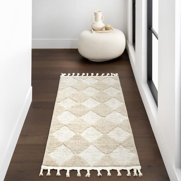 Aylin Diamond Tasseled Beige 3 ft. x 10 ft. Indoor Runner Rug