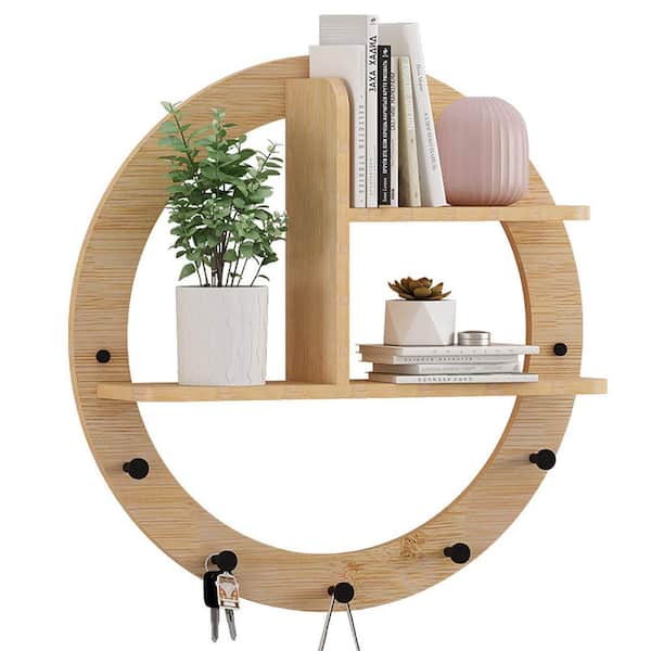 Unbranded 18.11 in. W x 3.94 in. D Brown Round Solid Wooden Decorative Wall Shelf for Living Room