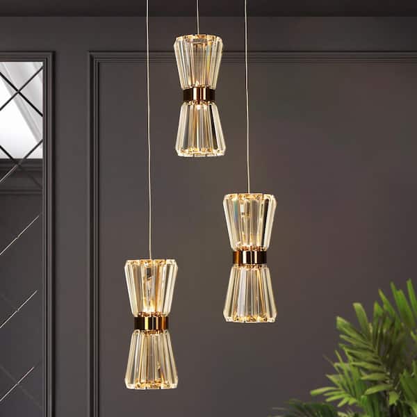 Katsumata 3-Light Dimmable Integrated LED Brass Cluster Chandelier with Crystal Accents