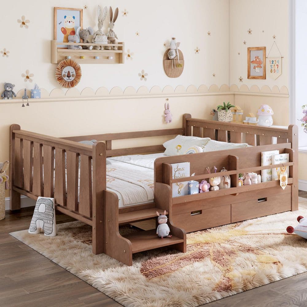 Natural Brown Wood Frame Full Size Platform Bed with Storage Bookcases and Drawers