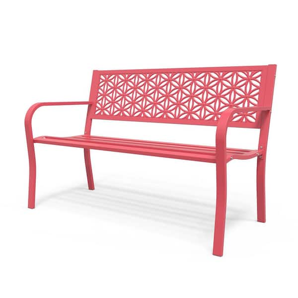 50 in. 2-3 Person Pink Metal Outdoor Bench with Floral Back, Weatherproof Anti-Rust Garden Bench for Porch Entryway Park