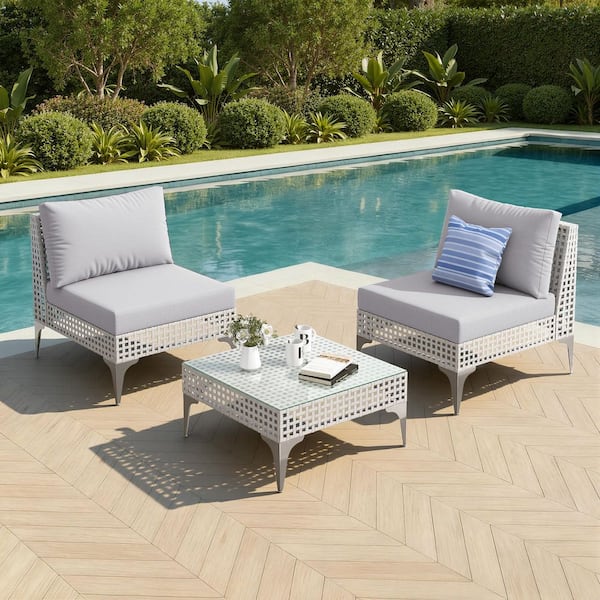 3-Piece Wicker Outdoor Serving Bar Set with Cushion, Coffee Table-Sectional Patio Lounge Furniture for Deck or Garden