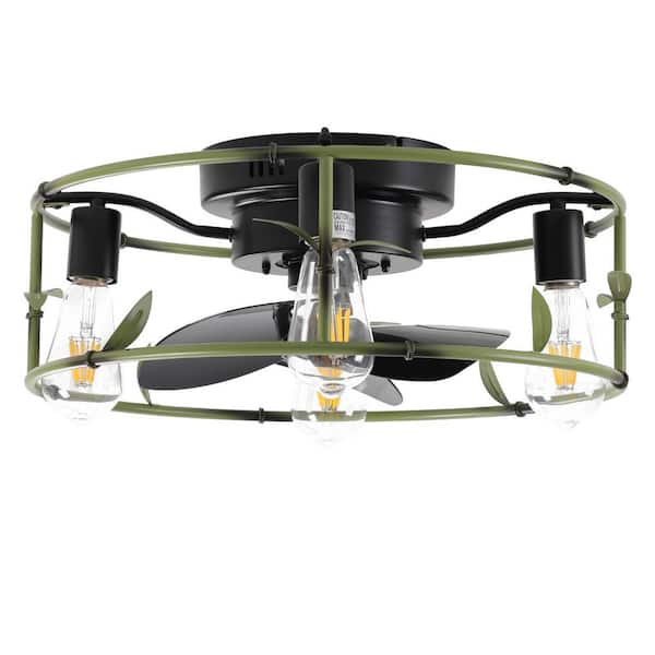 19 in. Green Indoor Flush Mount Caged Ceiling Fan with Light and Remote Control, 6 Speed Reversible DC Motor