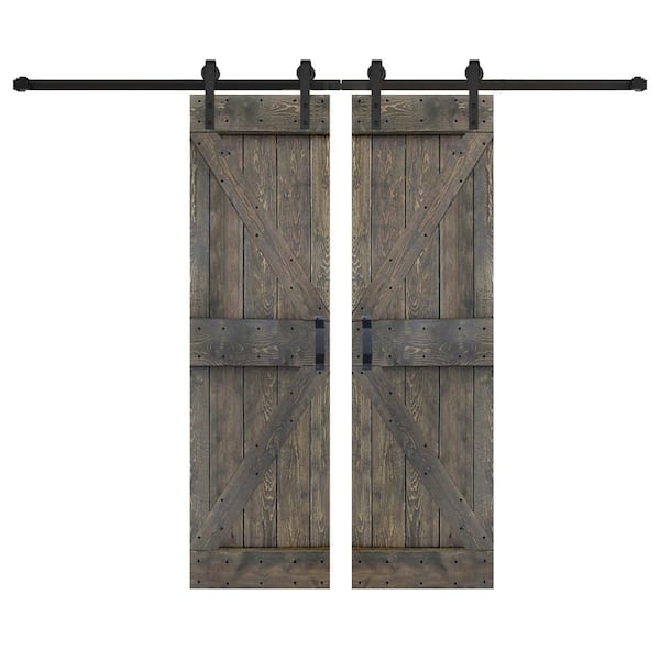 ISLIFE K Series 60 in. x 84 in. Smoky Grey Finished DIY Solid Wood Double Sliding Barn Door with Hardware Kit