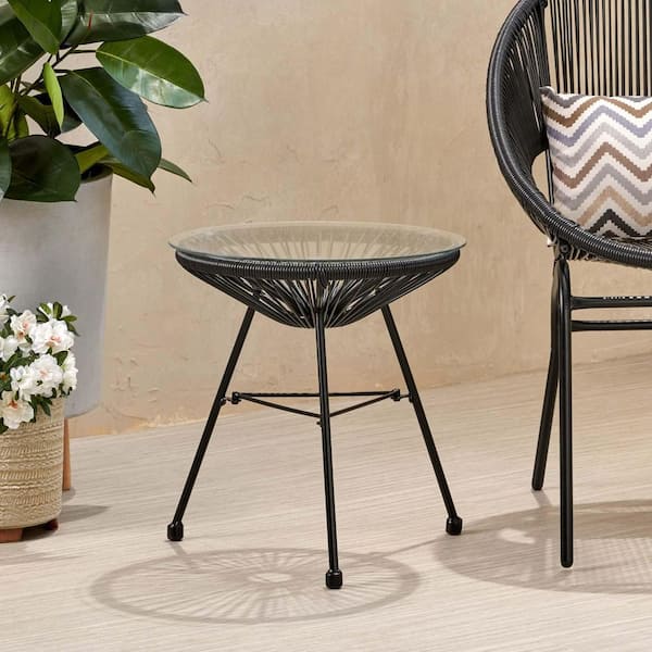 Unbranded Black 18 in. H Wicker Outdoor Side Table Tempered Glass Top End Table Round CoffeeTable for Patio Porch Deck