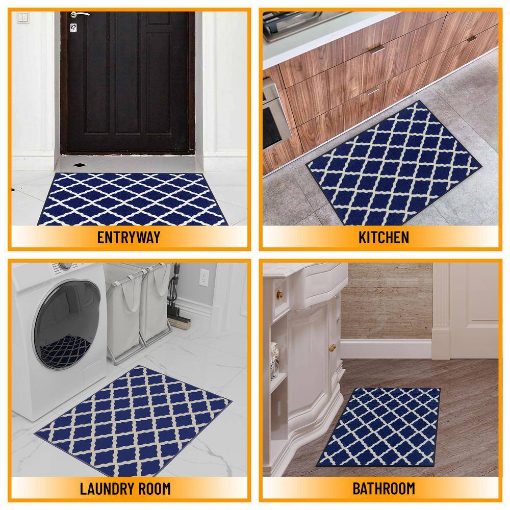 Navy and Ivory Synthetic Trellis Non-Slip Area Rug, 2'3" x 3'