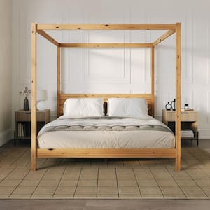 Minimalist Beige Wood Frame King Plank Canopy Bed