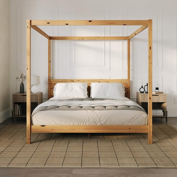 Welwick Designs Minimalist Beige Wood Frame King Plank Canopy Bed