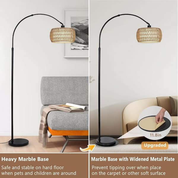 Modern 72.8 in. Brown+Black Boho 1-Light Smart Dimmable Arc Floor Lamp for Living Room with Rattan Fabric Double Shade