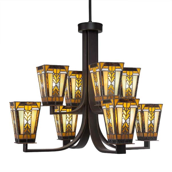 Unbranded Aspen 8-Light Dark Granite Cluster Chandelier for Dinning Table with 5 in. Square Santa Cruz Art Glass No Bulbs Included