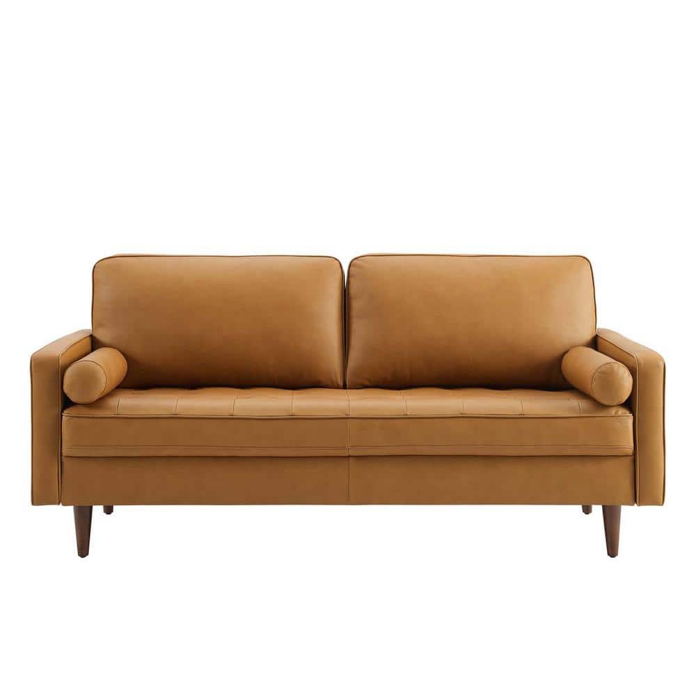 Mid-Century 73'' Tufted Brown Leather Sofa with Walnut Wood Legs