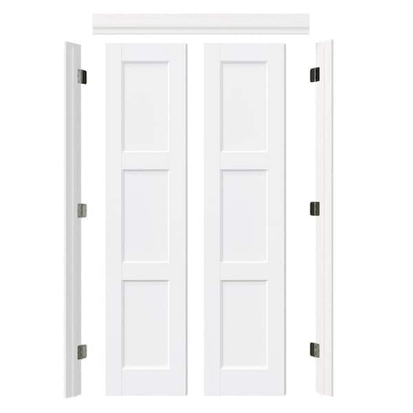 36 in. x 80 in. 3 Panel White Primed Pine Wood Double French Door with Quick Assemble Jambs Kit, Boring Required