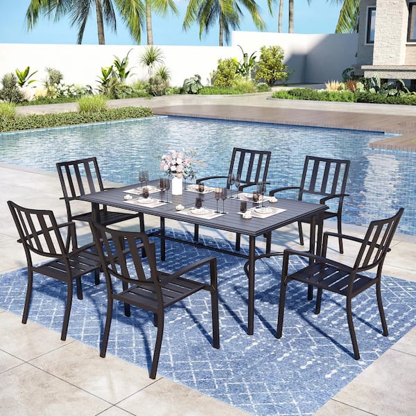PHI VILLA 7-Piece Metal Outdoor Dining Set with Modern Stackable Chairs