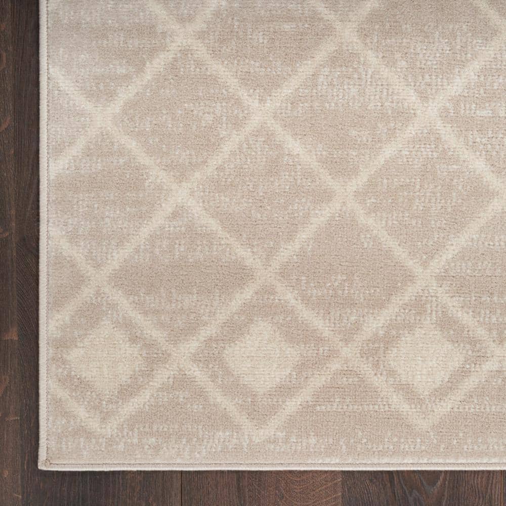 Beige Geometric Power-Loomed Runner Rug with Latex Backing