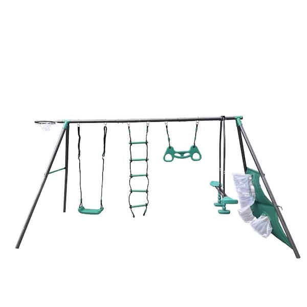6 in 1 Metal Outdoor Playset with Soccer Net and Climbing Ladder