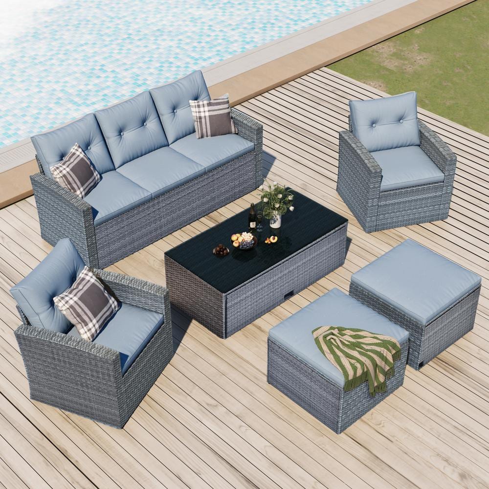 Gray 7-Person Steel Frame Outdoor Sectional Sofa Set